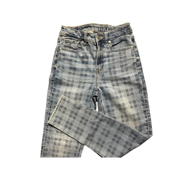 American Eagle Jeans Women Size 00R Blue Medium Wash Plaid Print Stretch 90s Y2K - Picture 9 of 16